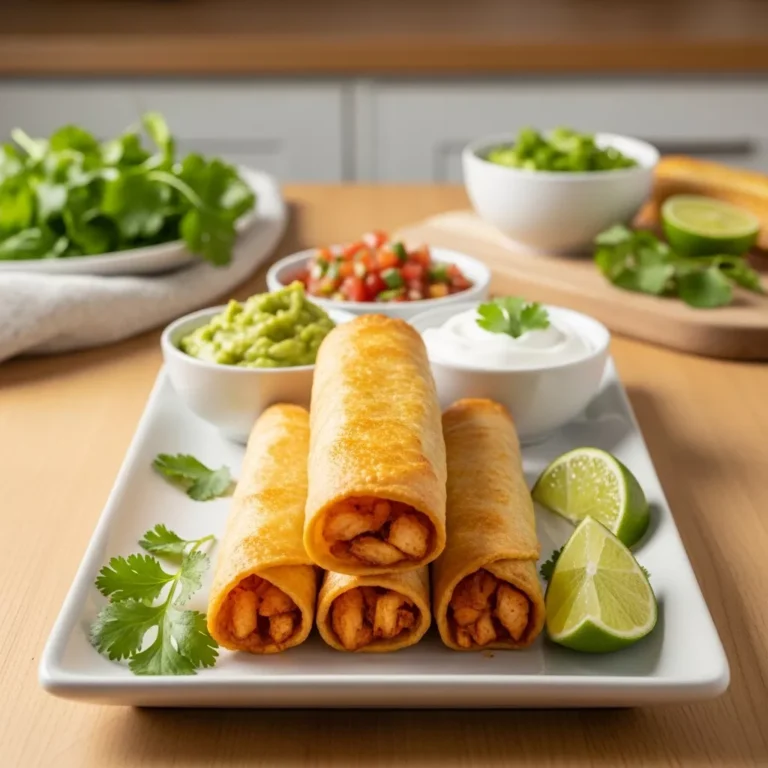 Stack of golden baked chicken taquitos served with dipping sauces and fresh lime wedges
