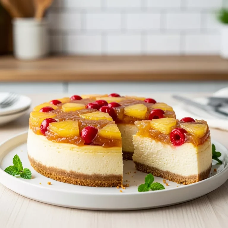 pineapple cheesecake recipe A side-angle view of a whole Tropical Pineapple Upside-Down Cheesecake, inverted onto a white serving plate, with one slice removed to reveal the creamy layers and vibrant pineapple and cherry topping