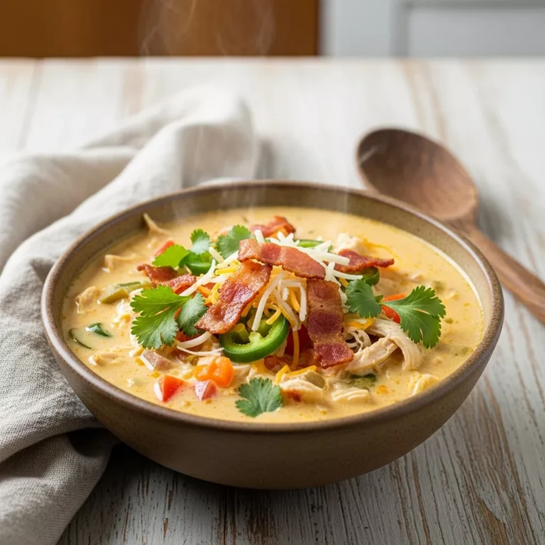 creamy jalapeno popper chicken soup A side-angle, close-up shot of a creamy jalapeño popper chicken soup bowl, garnished with crispy turkey turkey bacon and cilantro, highlighting its comforting texture