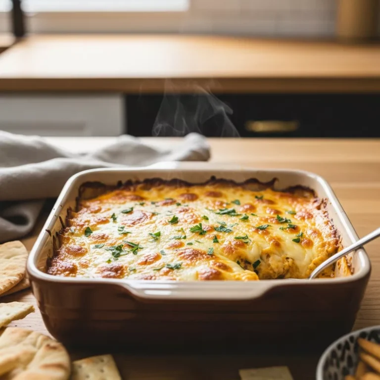 A side-angle macro shot of a hot, bubbly creamy banana pepper chicken dip, ready to be served