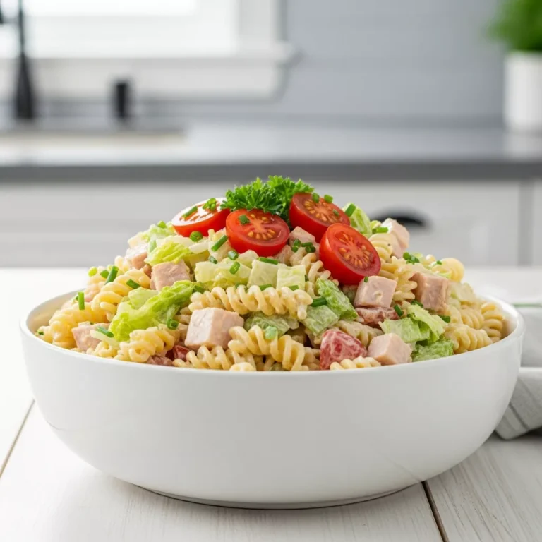 A side view macro shot of a creamy Club Sandwich Pasta Salad in a white bowl, showing layers of pasta, turkey, turkey turkey bacon, and vegetables