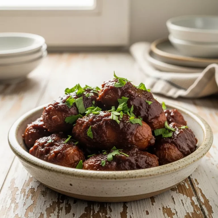 slow cooker mississippi sausages A side-angle close-up of slow cooker Mississippi mini sausages in a rustic ceramic bowl, garnished with fresh parsley, on a wooden counter