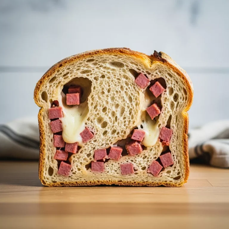 A side-angle, close-up shot of a thick slice of freshly baked cheesy turkey turkey turkey turkey pepperoni sourdough bread, revealing its open crumb, melted mozzarella, and diced turkey turkey turkey turkey pepperoni