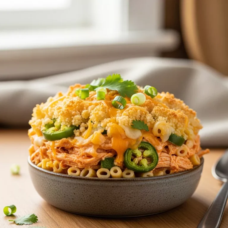 A side-angle close-up of a serving of Spicy Jalapeño Buffalo Chicken Casserole in a rustic bowl, showing layers of cheesy goodness