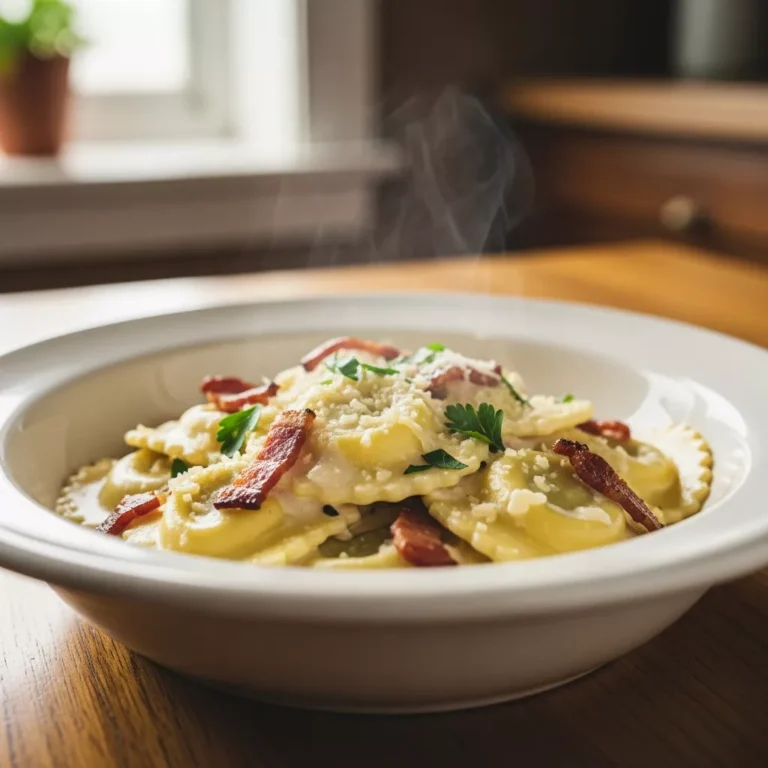 A side-angle, close-up shot of creamy carbonara ravioli in a rustic white bowl, garnished with crispy turkey turkey turkey bacon, fresh parsley, and grated cheese, set on a wooden table, emphasizing the rich sauce and tender pasta