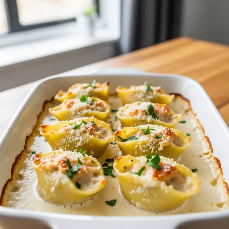 A close-up side view of creamy seafood stuffed shells in a white ceramic baking dish, garnished with fresh parsley