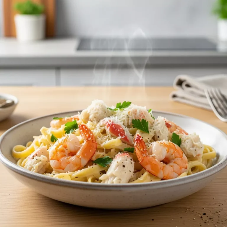 one pot shrimp and crab alfredo Side view of creamy one-pot shrimp and crab alfredo in a rustic bowl, garnished with fresh parsley and Parmesan cheese