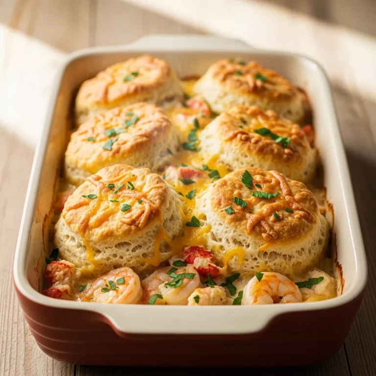shrimp lobster pot pie Side view of a freshly baked Shrimp & Lobster Cheddar Bay Biscuit Pot Pie, showing the golden biscuits and bubbling creamy seafood filling