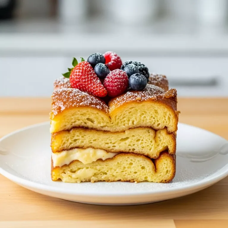 Side view close-up of a Crème Brûlée French Toast Bake slice, showing the thick custardy bread and the distinct caramelized sugar crust, garnished with berries