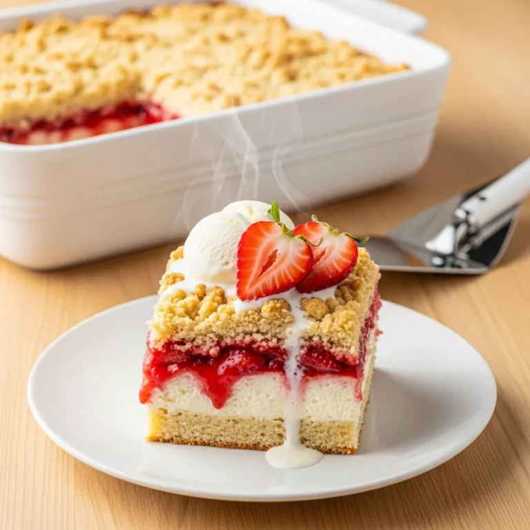 easy strawberry cheesecake dump cake A side view of a warm slice of strawberry cheesecake dump cake topped with melting vanilla ice cream and fresh strawberries
