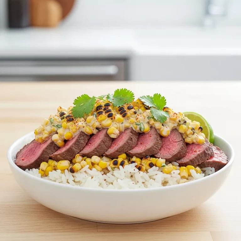 street corn steak rice bowls A close-up side view of a Zesty Street Corn Steak Rice Bowl, with layers of sliced steak, zesty street corn, and fluffy rice, garnished with cilantro and a lime wedge