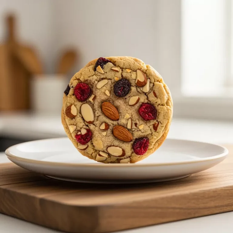 almond cherry cookie recipe A side-view close-up of a single, freshly baked Chewy Almond Cherry Cookie on a plate, highlighting its chewy texture, dried cherries, and toasted almonds