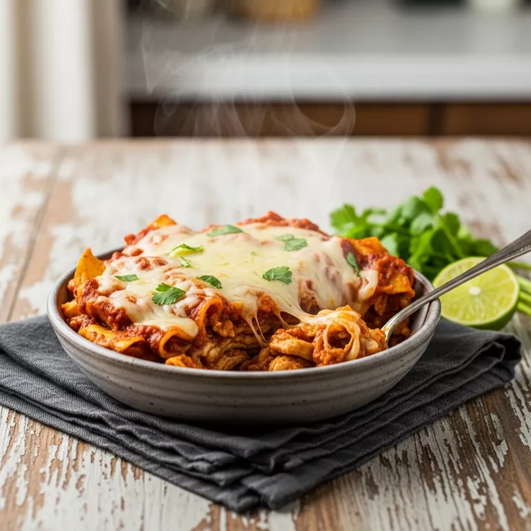 crockpot chicken enchilada casserole A side view of a serving of slow cooker chicken enchilada casserole in a bowl, garnished with cilantro and lime