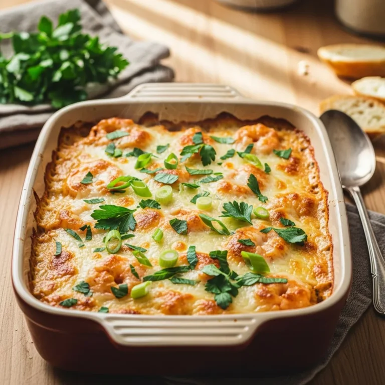 A side-angle, close-up shot of a warm, bubbling Spicy Louisiana Shrimp Dip in a rustic ceramic dish, topped with melted cheese, fresh parsley, and green onions, ready to be scooped