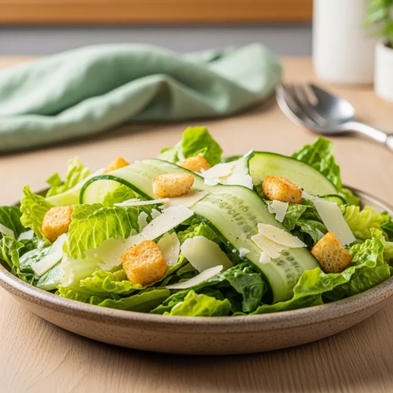 cucumber caesar salad recipe A side-angle, close-up shot of a freshly prepared Crisp Cucumber Caesar Salad with Tangy Dressing, showcasing the layers of crisp romaine, cucumber ribbons, crunchy croutons, and shaved Parmesan in a rustic bowl