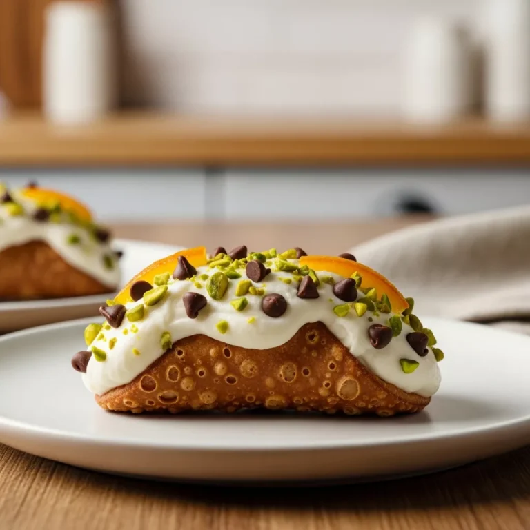 cannoli cookies recipe A side view of a frosted cannoli cookie with ricotta cream, chocolate chips, and pistachios, on a ceramic plate