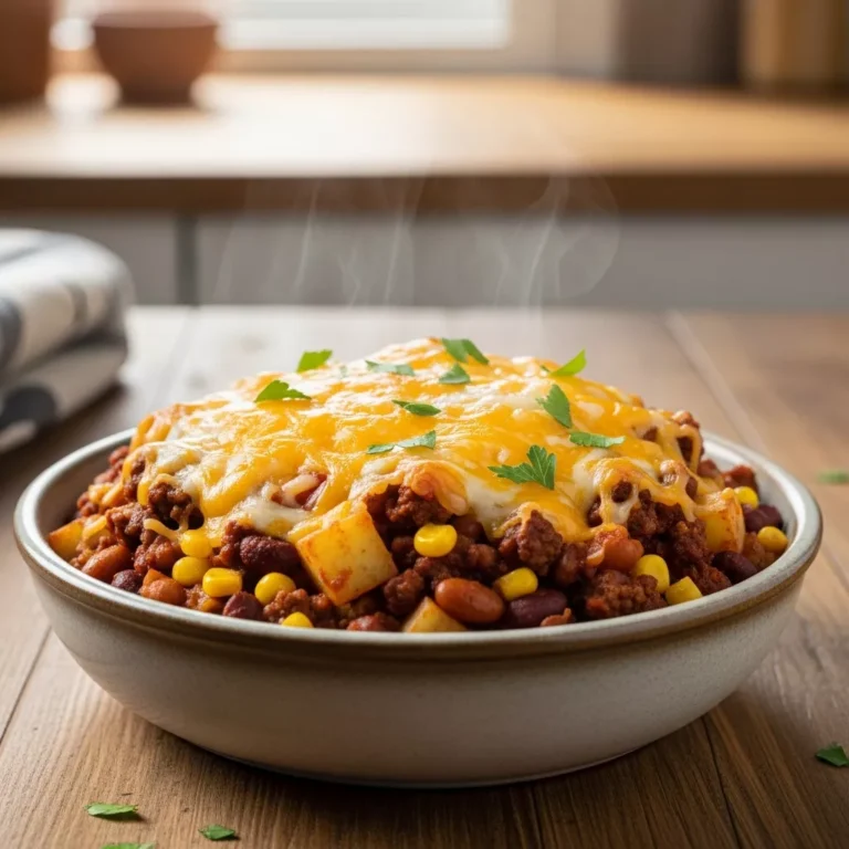 A close-up side view of a serving of Slow Cooker Cowboy Casserole in a rustic bowl, showcasing the rich layers and melted cheese topping