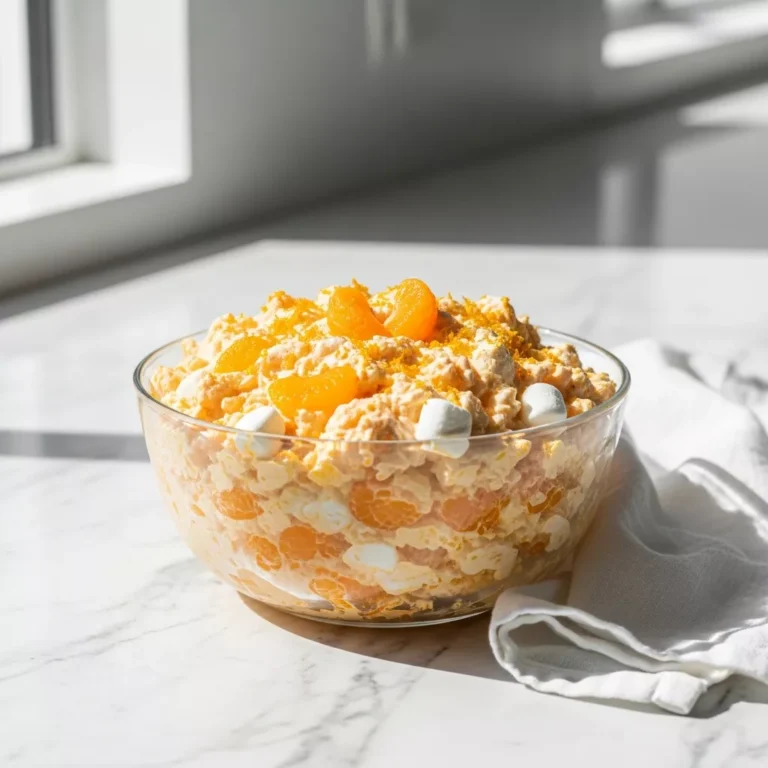 A side-angle macro close-up of Zesty Orange Creamsicle Fluff Salad in a clear glass bowl, showing its layers and garnished with fresh orange zest and a mandarin segment