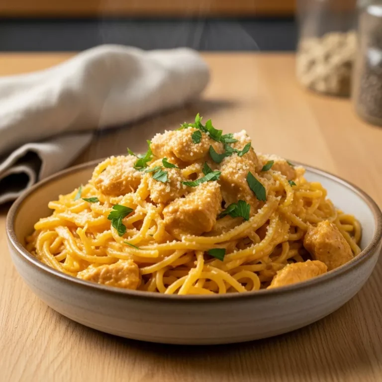 cajun chicken spaghetti A side-angle macro shot of creamy Spicy Cajun Three-Cheese Chicken Spaghetti in a rustic bowl, garnished with fresh parsley and Parmesan, on a wooden table