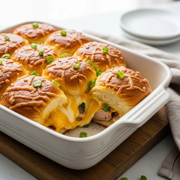 easy mississippi sin sliders Side view macro shot of baked Mississippi Sin Sliders in a baking dish, showing golden tops, melted cheese, and savory filling, garnished with fresh green onions
