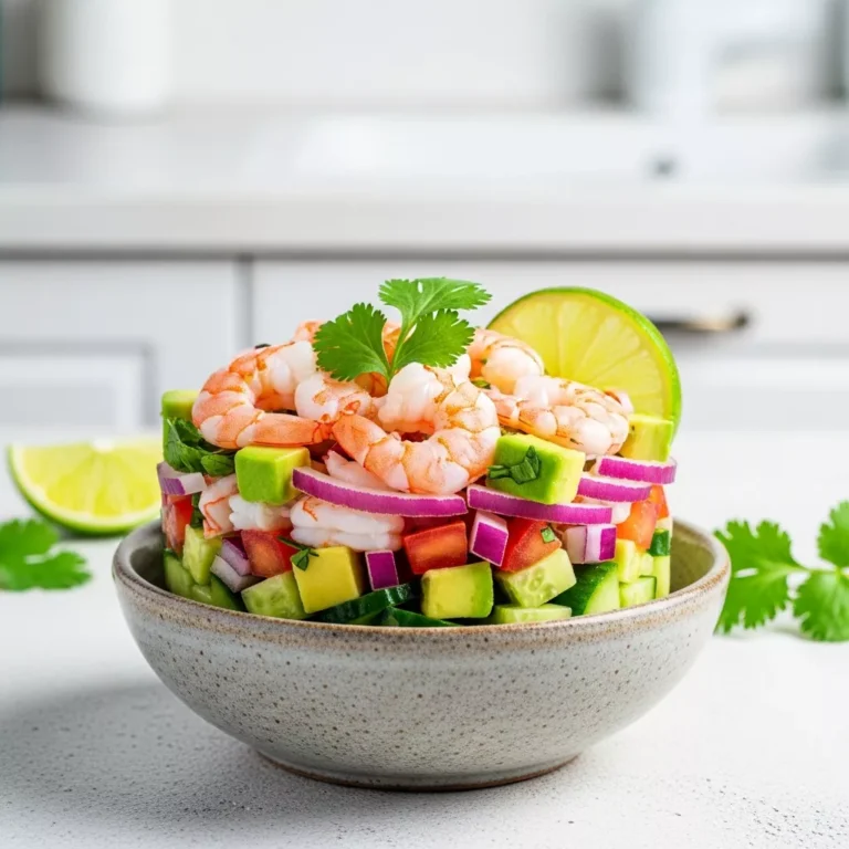 Side view macro close-up of a rustic bowl of Zesty Mexican Shrimp Ceviche, garnished with cilantro and lime, on a light kitchen counter