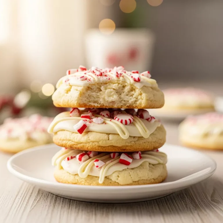 A stack of sparkling peppermint cheesecake cookies, drizzled with white chocolate and sprinkled with crushed candy canes, viewed from a side angle on a white plate with a blurred festive background