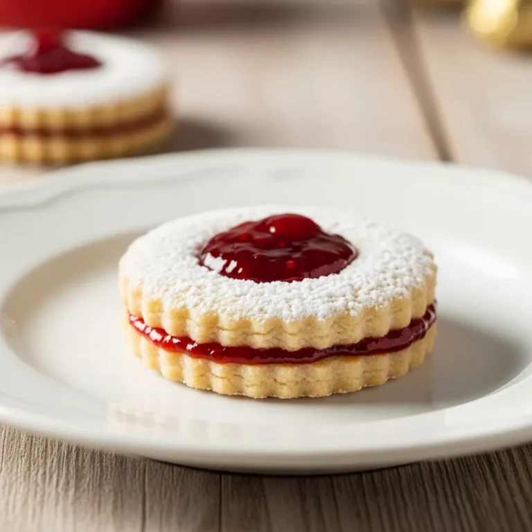 cherry blossom christmas cookies Side view macro shot of a delicate Elegant Cherry Blossom Christmas Cookie, featuring a tender shortbread base, a vibrant cherry jam filling, and a dusting of powdered sugar