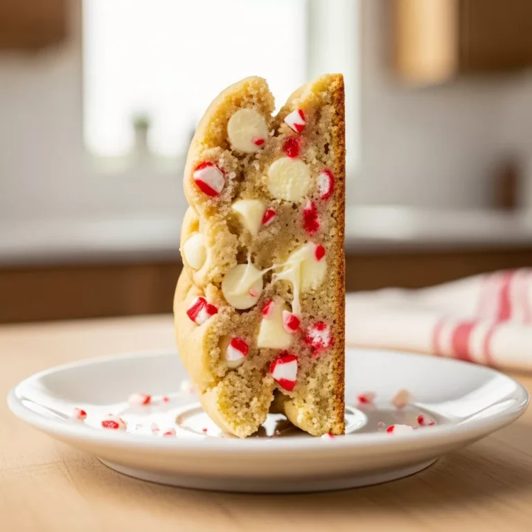 white chocolate candy cane cookies A close-up, side view macro shot of a single White Chocolate Candy Cane Cookie, showcasing its soft, chewy texture, visible white chocolate chips, and vibrant red peppermint pieces