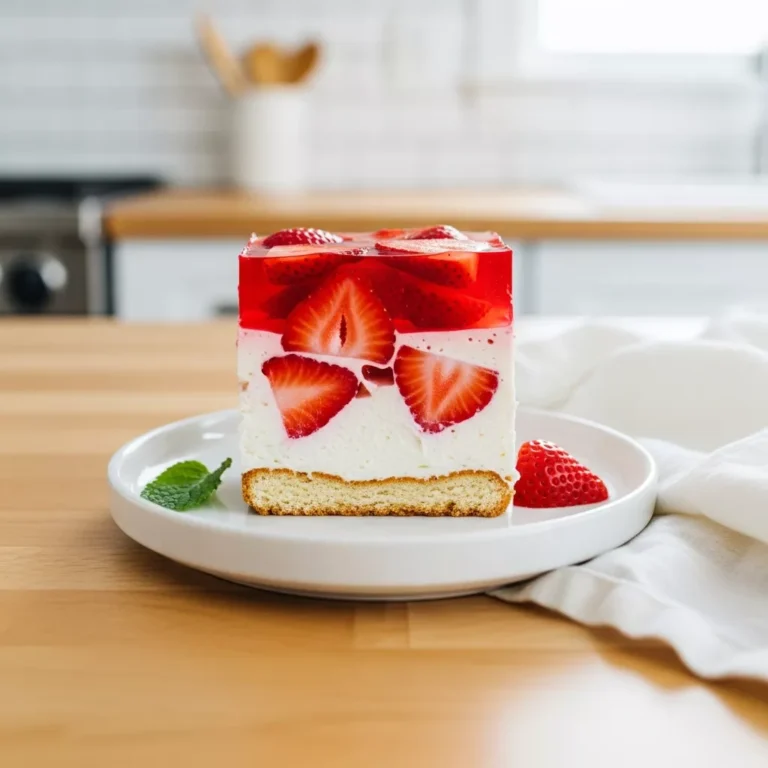 strawberry pretzel salad recipe Side view of a slice of Iconic Strawberry Pretzel Salad, showing clear layers of crunchy pretzel, creamy filling, and strawberry agar agar with fresh fruit