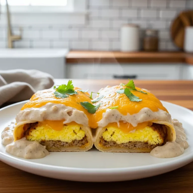 southern breakfast enchiladas A side-angle close-up of a cut southern breakfast enchilada revealing its filling, covered in gravy and cheese