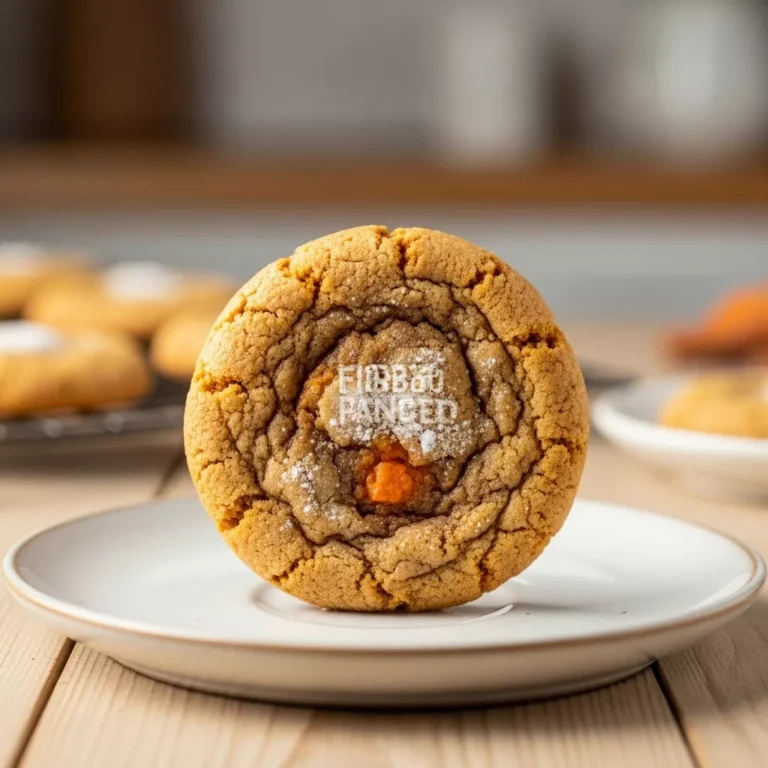 pumpkin carrot cookies recipe A side-angle macro shot of a single Fiber-Packed Pumpkin Carrot Cookie, showcasing its thick, chewy texture and golden-brown edges, dusted with powdered sugar, on a light ceramic plate