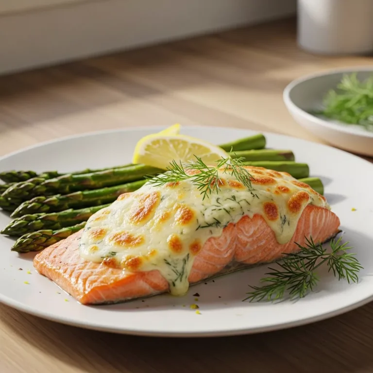 easy baked boursin salmon A close-up, side view of a perfectly baked salmon fillet crowned with creamy Boursin cheese and fresh dill, served with tender asparagus on a white plate, highlighting the dish's texture and elegance