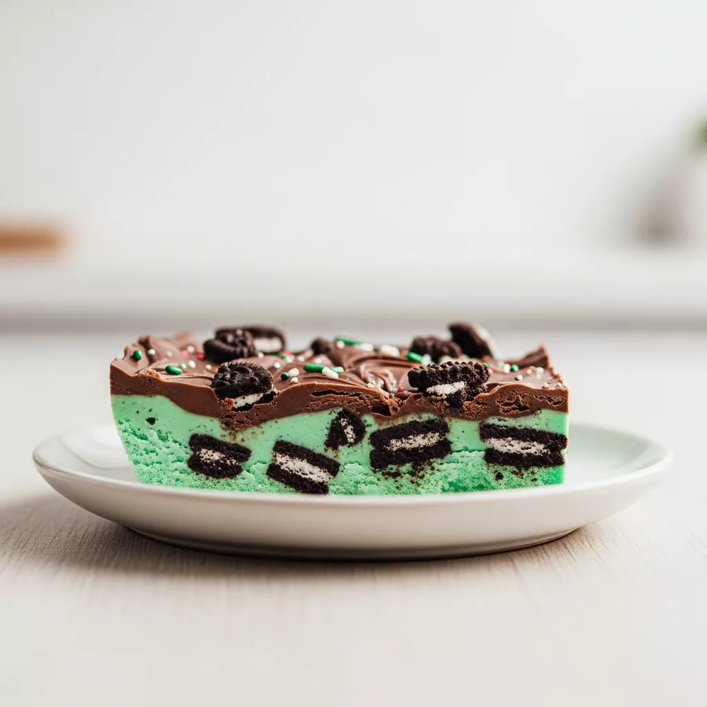 mint oreo bark recipe A side-angle macro shot of a single piece of Speedy Mint Oreo Bark, highlighting its distinct green mint and dark chocolate layers with visible crushed Oreos and sprinkles