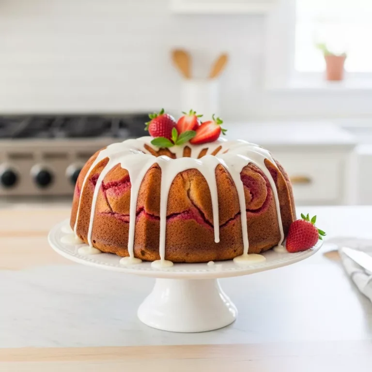 homemade strawberry pound cake Side view of a whole Velvety Strawberry Swirl Pound Cake with white glaze, garnished with fresh strawberries and mint, presented on a cake stand