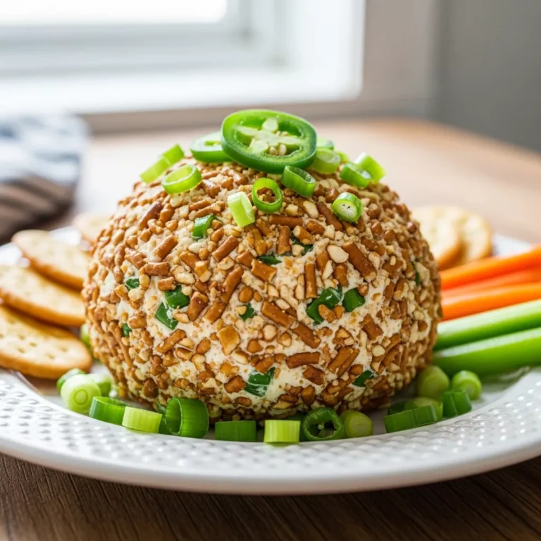 Close-up of a jalapeno popper cheese ball served with crackers and vegetables