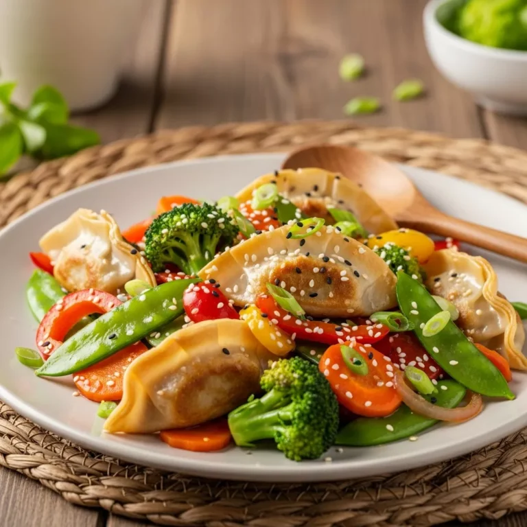 Delicious potsticker stir fry served on a rustic table