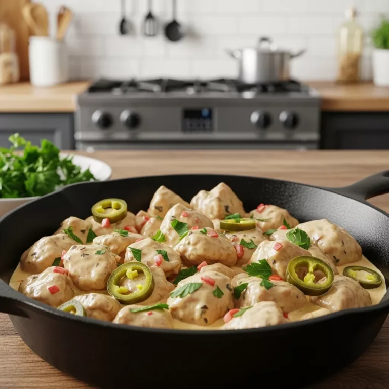 Creamy Pepperoncini Chicken Skillet served in a cast iron skillet
