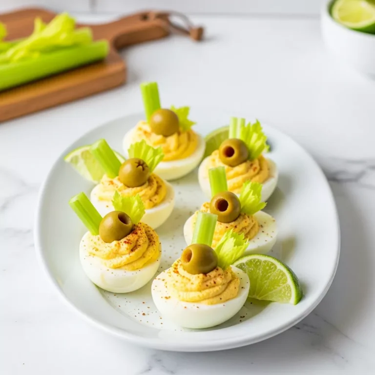 Bloody Mary Deviled Eggs plated and ready to eat