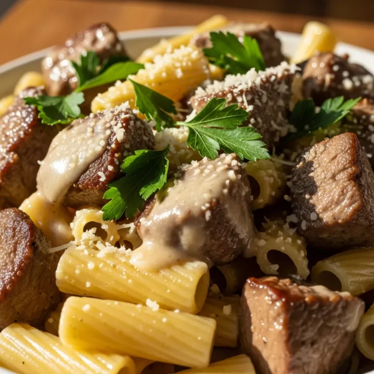 Creamy Cajun Steak Tips Rigatoni Parmesan Recipe Card