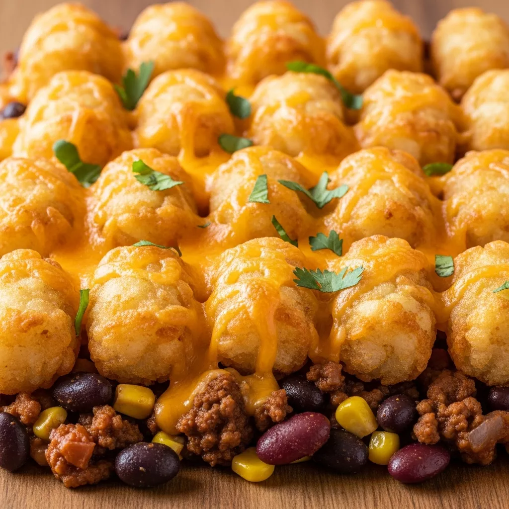 Easy Cowboy Casserole: Golden brown cowboy casserole with crispy tater tots