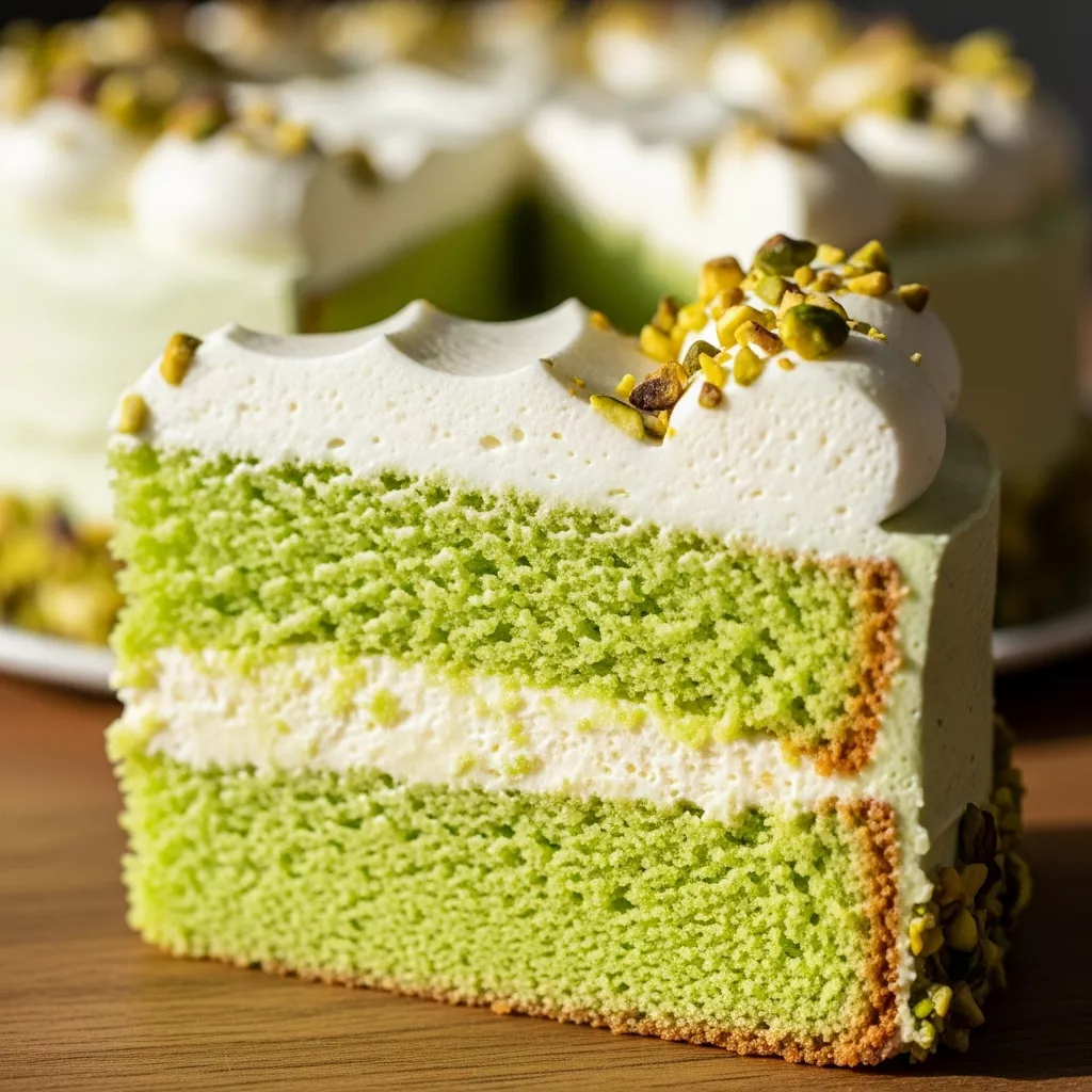 Close-up of a slice of Pistachio Dream Cake (Watergate Cake) showcasing its moist texture and pistachio topping