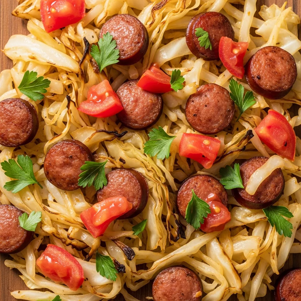 Smoked Sausage Cowboy Cabbage Skillet close-up, showcasing tender cabbage and savory sausage