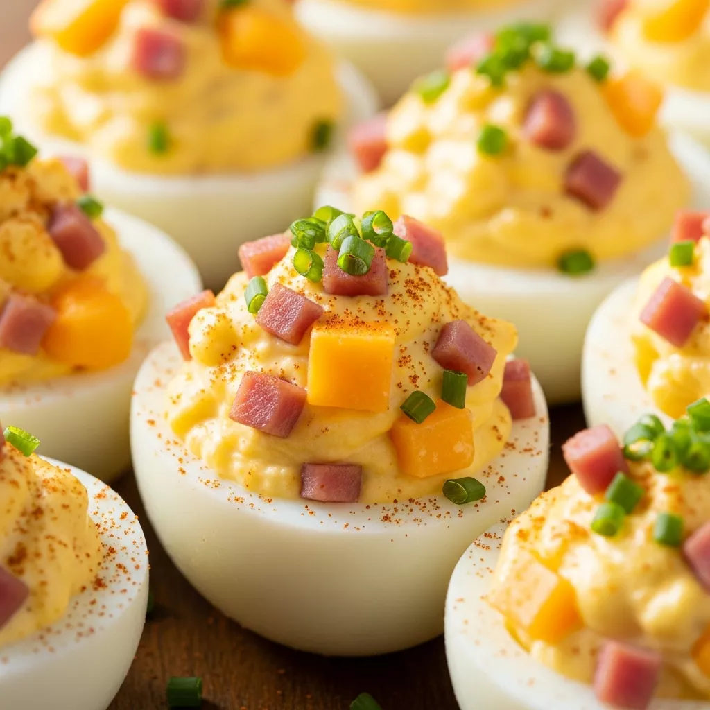 Turkey Ham Deviled Eggs: Turkey Ham and Cheese Deviled Eggs