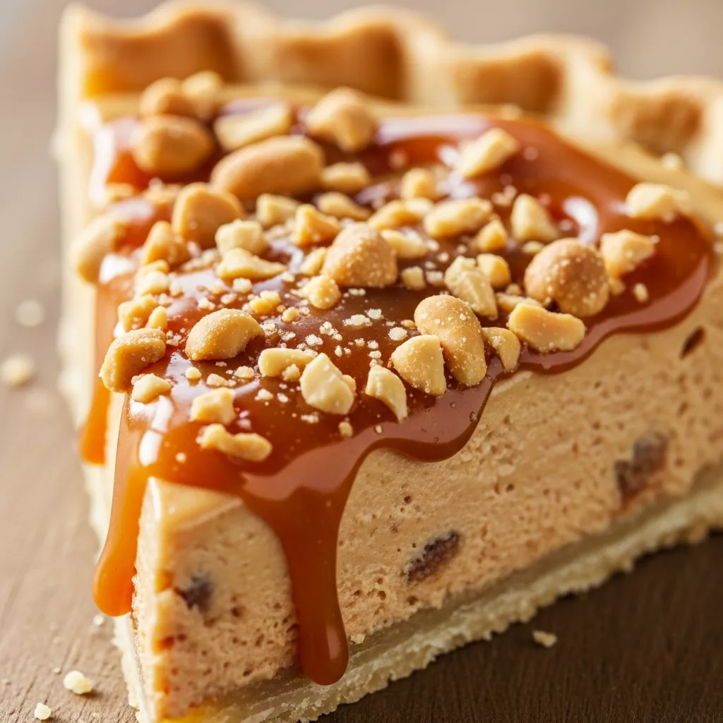 Payday Pie Recipe: Decadent Payday Pie close-up, showing peanut butter filling, caramel, and peanuts