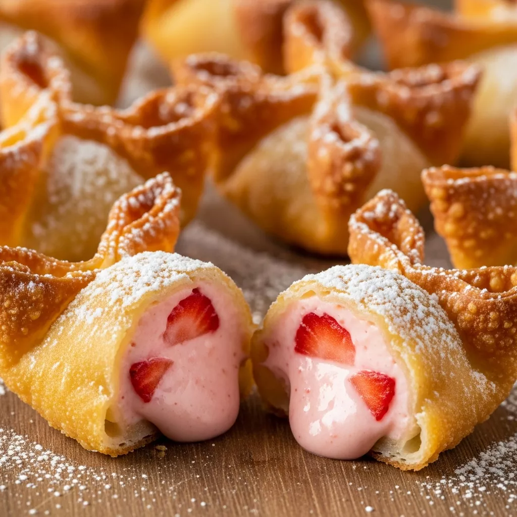 Deep Fried Strawberry Cheesecake Wontons: Macro close-up of golden-brown crispy strawberry cheesecake wontons dusted with powdered sugar, revealing creamy pink filling