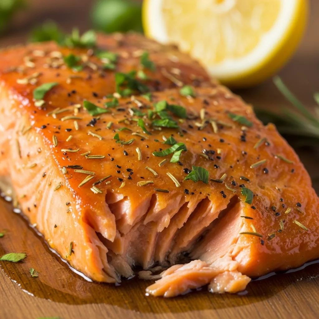 Decadent Honey Butter Glazed Salmon with caramelized crust and fresh herbs on a rustic wooden surface