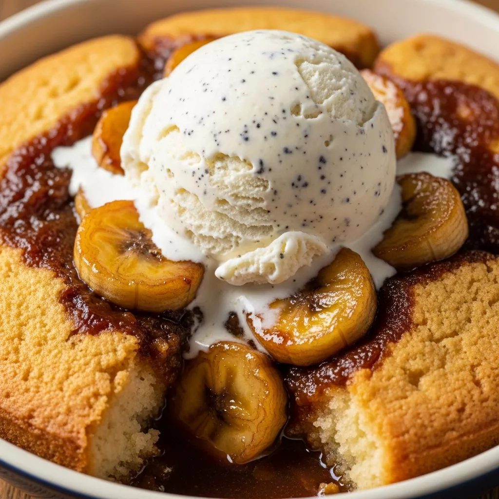 Warm Bananas Foster Cobbler with melting vanilla bean ice cream, showcasing a golden-brown crust and bubbling caramel banana filling