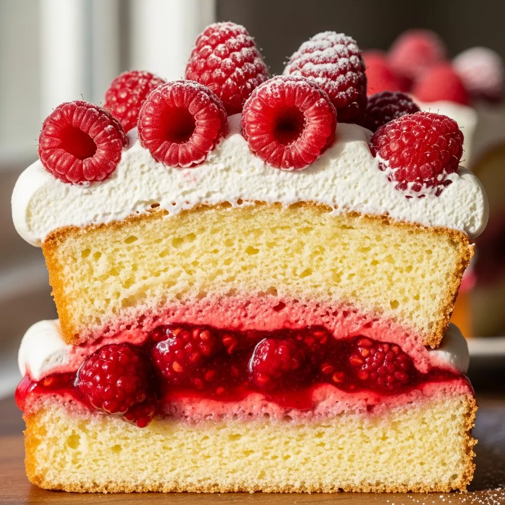 Raspberry Angel Food Cake Recipe: A beautiful slice of layered Raspberry Cloud Dream Cake with angel food cake, raspberry sauce, and whipped cream, topped with fresh raspberries, on a rustic wooden surface