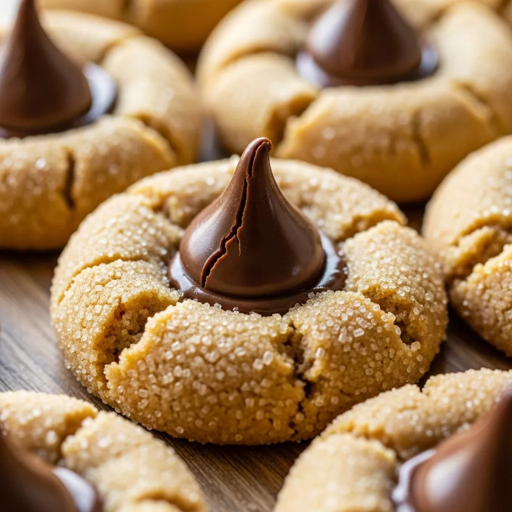 Peanut Butter Blossoms: Close-up of a peanut butter blossom cookie showing the soft texture and melted chocolate kiss