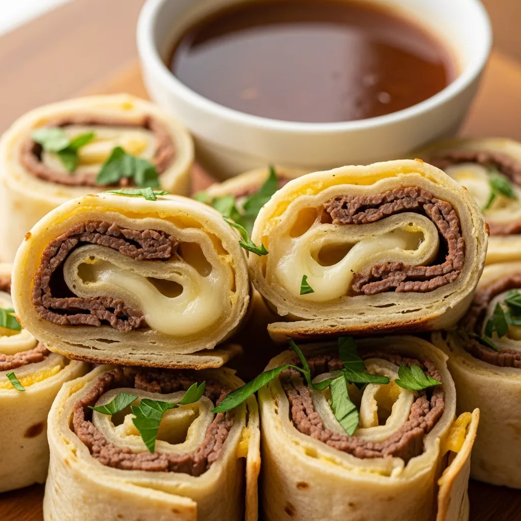Crispy French Dip Tortilla Roll Ups with Beef Broth